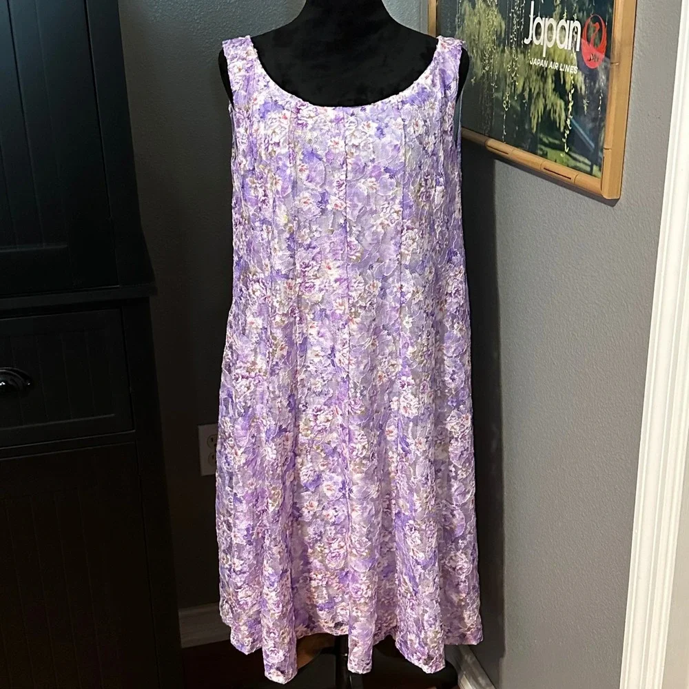 Perceptions XL Purple Floral Lace‎ Dress Sleeveless Fit Flare Lined Cottagecore